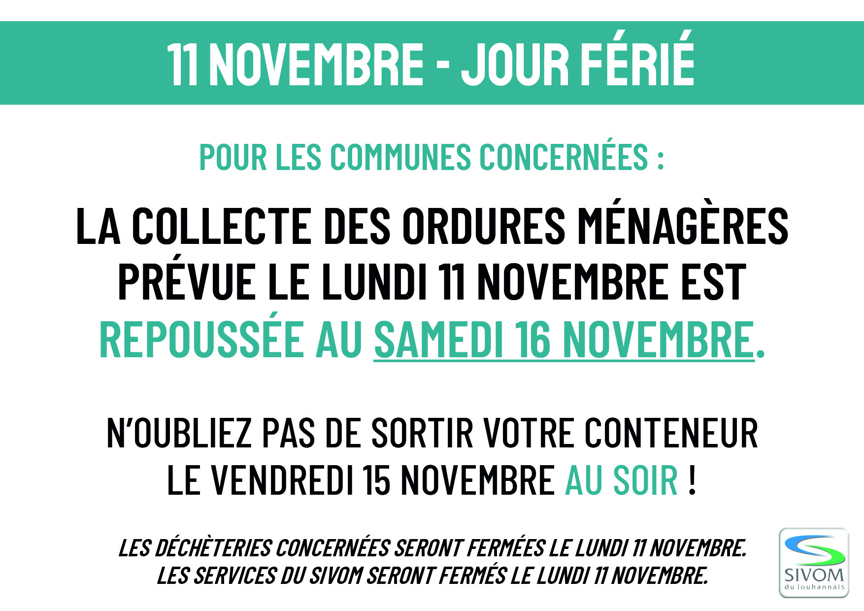 11 NOVEMBRE : COLLECTE REPOUSSÉE