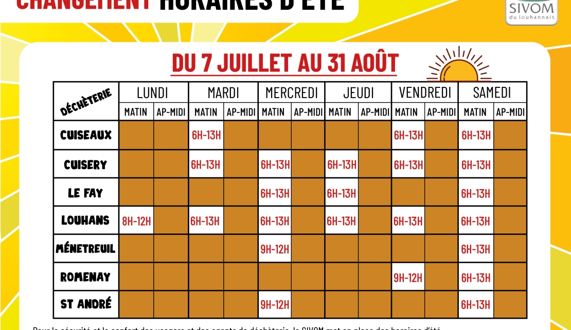 HORAIRES ÉTÉ DÉCHÈTERIES